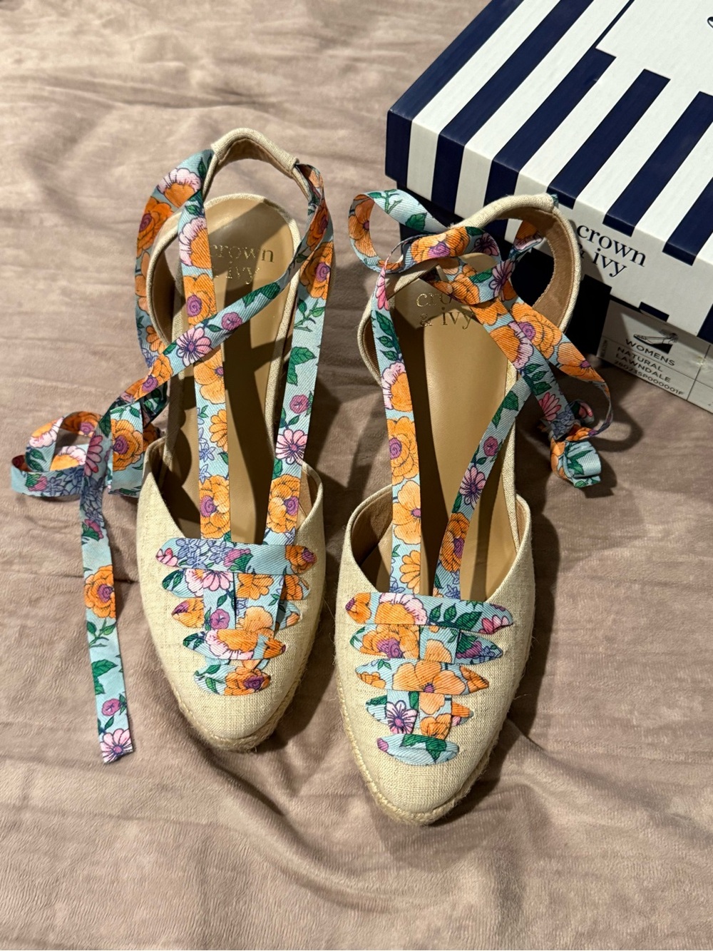 crown & ivy Floral Tie Espadrille Wedges in Natural with Orange and Pink Accents - Picture 2 of 5